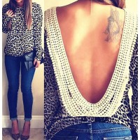 Stylish Round Neck Long Sleeve Leopard Print Backless Blouse For Women leopard