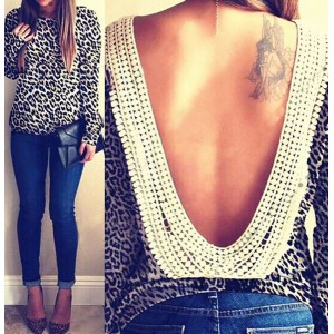 Stylish Round Neck Long Sleeve Leopard Print Backless Blouse For Women leopard