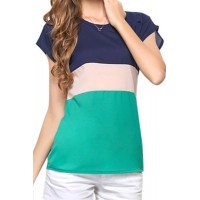 Stylish Scoop Collar Short Sleeve Color Block Chiffon Blouse For Women green red