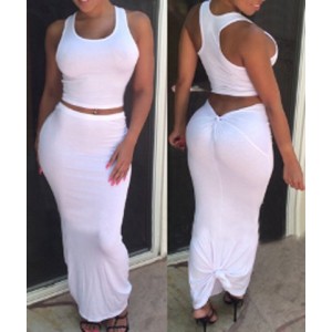 Stylish Scoop Neck Sleeveless Crop Top + Asymmetrical Skirt Twinset For Women white