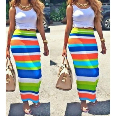 Stylish Scoop Neck Sleeveless Tank Top + High-Waisted Striped Skirt Twinset For Women white