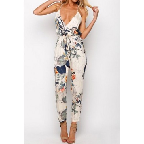 Stylish Spaghetti Strap Backless Floral Print Jumpsuit For Women ...