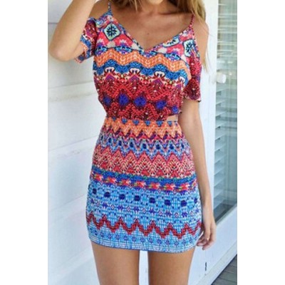 Stylish Spaghetti Strap Hollow Out Printed Bodycon Dress For Women blue red