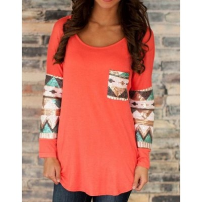Sweet Scoop Neck Color Block Spliced Pocket T-Shirt For Women BLUE, OFF-WHITE, RED, SHALLOW PINK