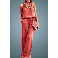 Trendy Pure Color Spaghetti Strap Wide Leg Loose Jumpsuit For Women pink