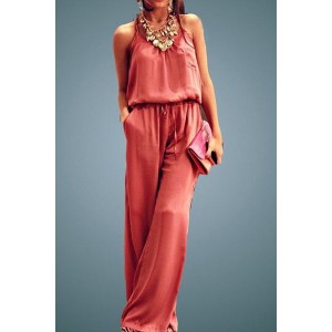 Trendy Pure Color Spaghetti Strap Wide Leg Loose Jumpsuit For Women pink