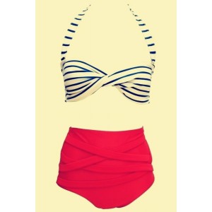 Vintage Halter Striped High-Waisted Bikini Set For Women red white