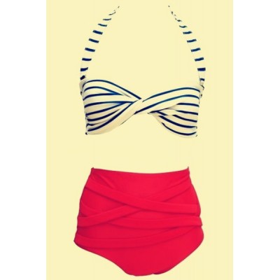 Vintage Halter Striped High-Waisted Bikini Set For Women red white