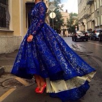 Vintage Jewel Neck Full Lace Spliced Long Sleeve Dress For Women blue