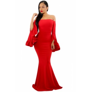 Black Off Shoulder Pleated Bell Sleeves Party Evening Maxi Dress Red