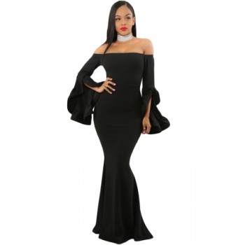 Black Off Shoulder Pleated Bell Sleeves Party Evening Maxi Dress Red