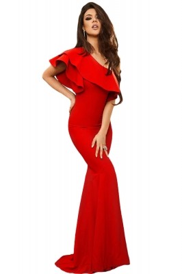 Black Ruffle One Shoulder Elegant Mermaid Dress Red