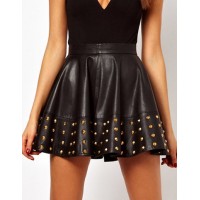 Faux Leather Solid Color Rivet Stylish Skirt For Women black