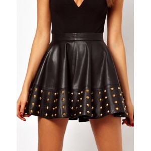 Faux Leather Solid Color Rivet Stylish Skirt For Women black