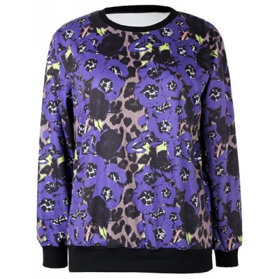 Jewel Neck Long Sleeves Leopard Printed Stylish Sweatshirt For Women purple