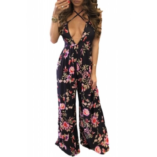 Open Back Flower Print Holiday Jumpsuit (Open Back Flower Print Holiday ...