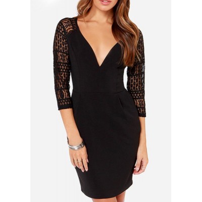 Sexy Plunging Neck 3/4 Sleeve Solid Color Hollow Out Dress For Women black