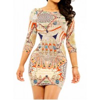 Sexy Round Neck 3/4 Sleeve Printed Bodycon Stretchy Dress For Women