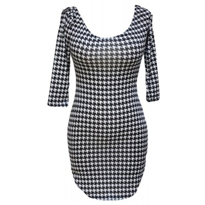 Sexy Scoop Neck Low Cut 3/4 Sleeve Plaid Furcal Dress For Women black