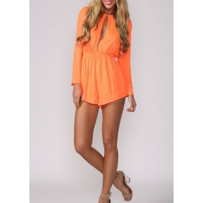 Stylish Round Neck Long Sleeve Hollow Out Solid Color Jumpsuit For Women orange blue
