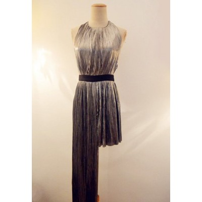 Stylish Women's Round Neck Backless Pleated Dress silver
