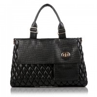 Stylish Women's Shoulder Bag With Checked and Crocodile Print Design black