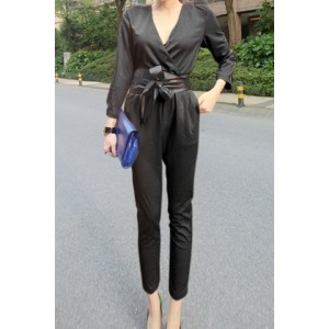 Stylish Women's V-Neck 3/4 Sleeve Solid Color Jumpsuit black white khaki