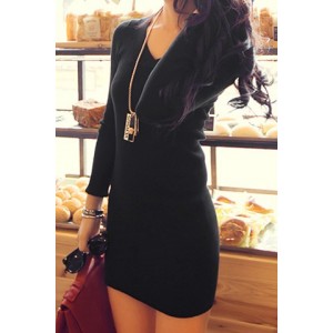 Stylish Women's V-Neck Long Sleeve Solid Color Knitted Dress black