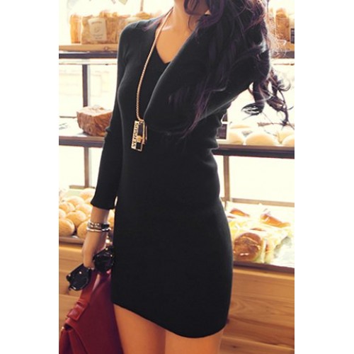 Stylish Women s V-Neck Long Sleeve Solid Color Knitted Dress black ...