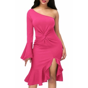 Twist and Ruffle Accent One Shoulder Prom Dress 