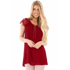 White Lace Sleeves Lace up Tunic Top Red Pink