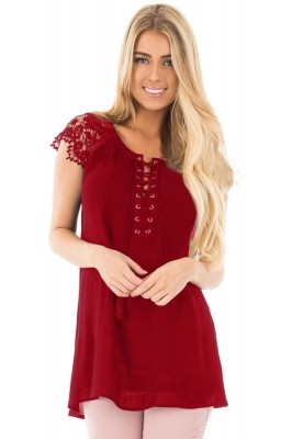 White Lace Sleeves Lace up Tunic Top Red Pink
