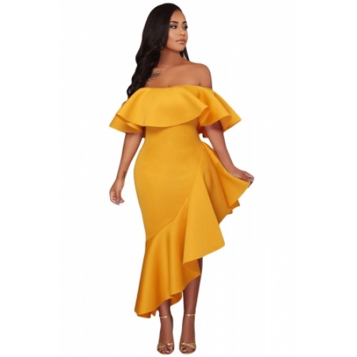 Yellow Asymmetric Ruffle Off Shoulder Party Dress (Yellow Asymmetric ...