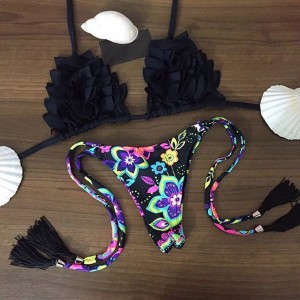 Alluring Floral Print Lace-Up Bikini Set For Women black