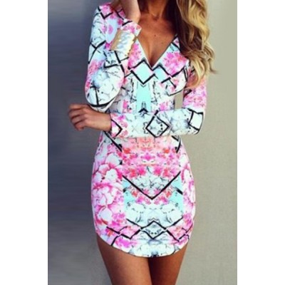Floral Print Bodycon Sexy Plunging Neck Long Sleeve Dress For Women