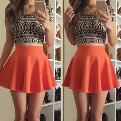 Floral Print Stylish Scoop Neck Short Sleeve T-Shirt + High-Waisted Skirt Twinset For Women orange
