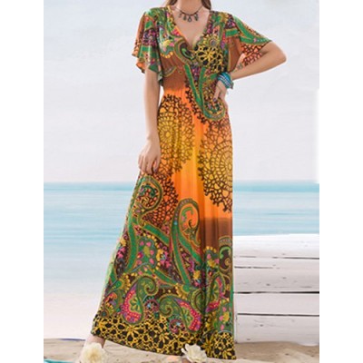 Floral Print V-Neck Short Sleeves Bohemian Maxi Dress For Women