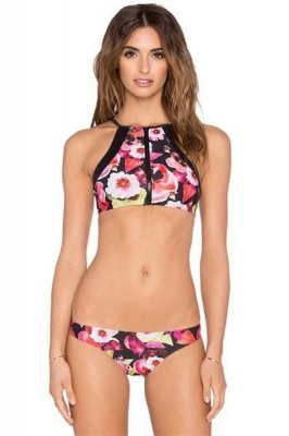 Floral Zipper High Neck Bikini Set