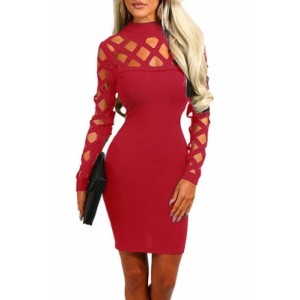  Hollow-out Long Sleeve Mock Neck Bodycon Dress Red Blue Green Black Navy