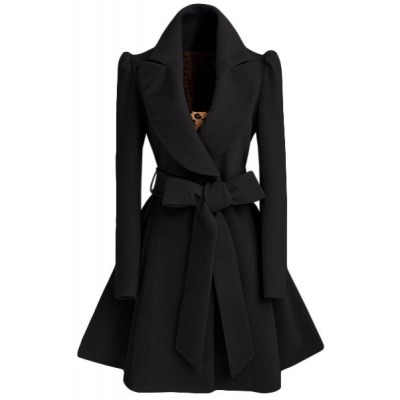 Noble Turn-Down Collar Long Sleeve Pure Color Self Tie Belt Coat Dress For Women - Khaki Black