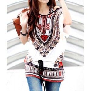 Off-The-Shoulder Full Print Batwing Sleeve Ladylike T-Shirt For Women white