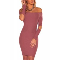 Pink Ribbed Knit Off Shoulder Cut Out Long Sleeves Dress