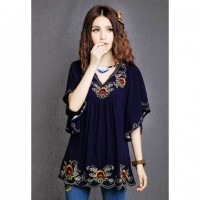Plus Size V-Neck Embroidered Batwing Sleeve Blouse For Women deep blue