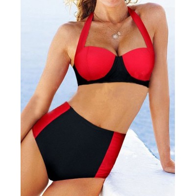 Sexy Halter Sleeveless Color Block High-Waisted Bikini Set For Women black red