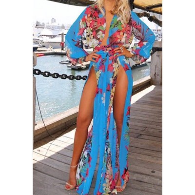 Sexy Plunging Neck Long Sleeve Floral Print Cover-Up For Women