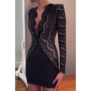 Sexy Plunging Neck Long Sleeve Spliced Bodycon Club Dress For Women black
