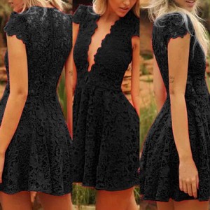 Sexy Short Sleeve Plunging Neck Solid Color Lace Dress For Women black white