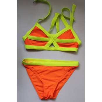 Sexy Spaghetti Strap Color Block Bandage Bikini Set For Women red gray orange