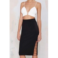 Sexy Spaghetti Strap Sleeveless Tank Top + High-Waisted Hollow Out Skirt Twinset For Women black white