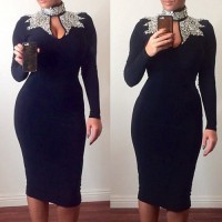 Sexy Turtle Neck Long Sleeve Hollow Out Spliced Dress For Women